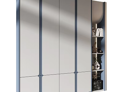 Modern Wardrobe With White Panels Blue Trim And Side Storage Shelves With Decorations 3d model