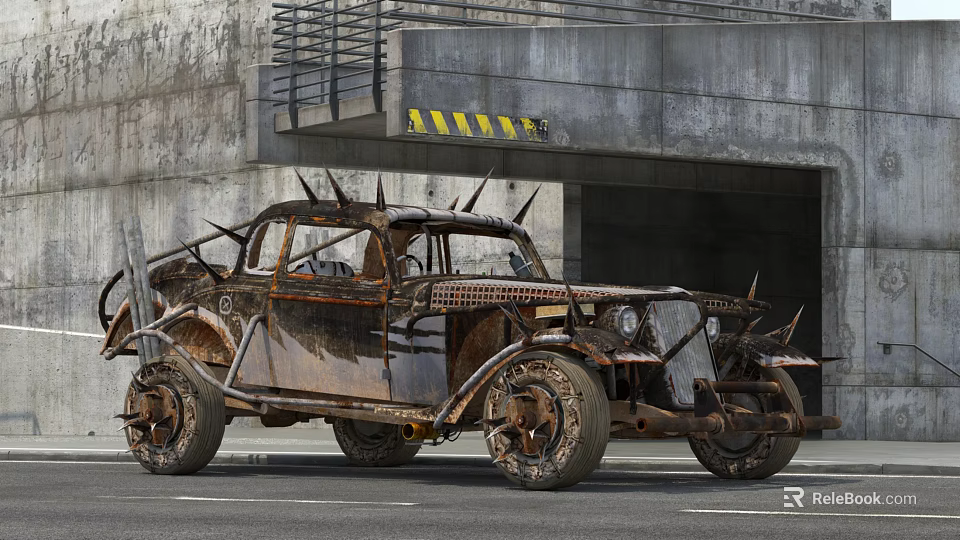 Rusty Modified Car With Spikes On Body Near Concrete Tunnel Entrance 3d model 