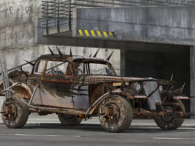 Rusty Modified Car With Spikes On Body Near Concrete Tunnel Entrance 3d model