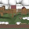 Wooden Children's Play Garden Landscape with Playhouses Slides Stairs Green Grass Trees and Brick Path