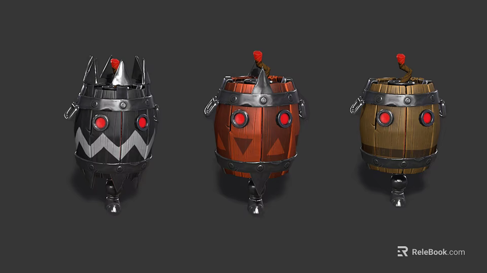 Barrel Shaped Character Creatures With Red Eyes Wheels And Colorful Exteriors 3d model 
