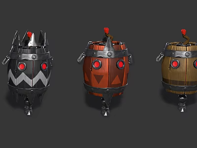 Barrel Shaped Character Creatures With Red Eyes Wheels And Colorful Exteriors 3d model
