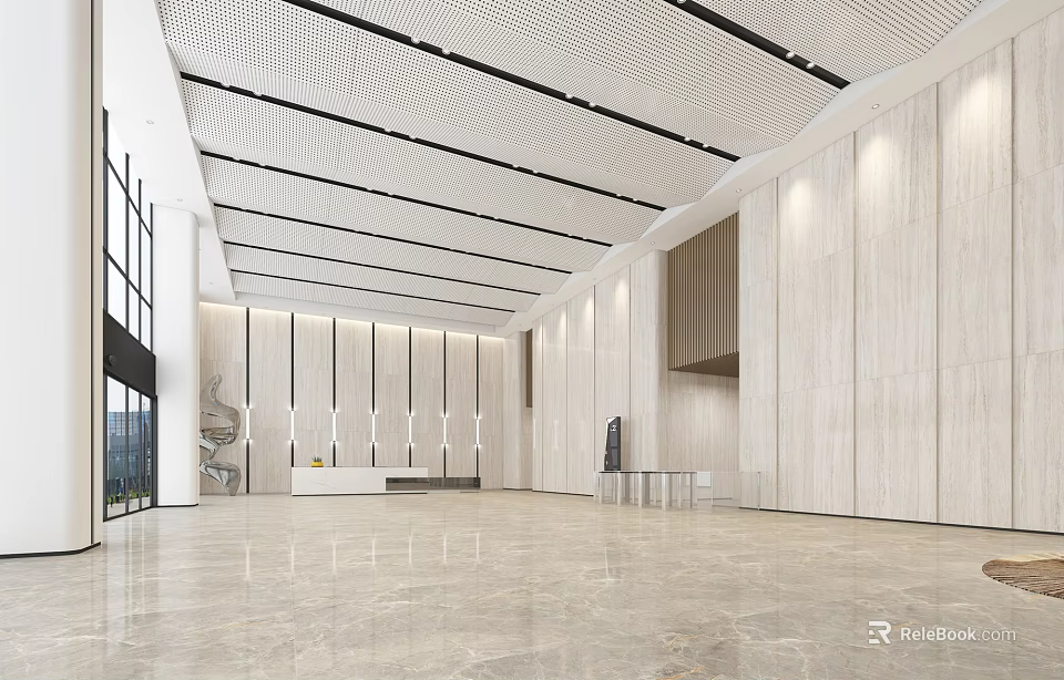 Modern Reception Desk Design In Spacious Lobby With Marble Floor Minimalist Walls And Ceiling Lights 3d model 