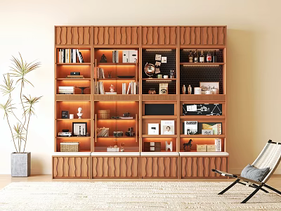 Modern Wooden Bookcase With Shelves Books Decorative Items And Potted Plant 3d model