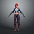 Game and Movie Character with Red Hair Blue Jacket White Top Green Accessory Dark Pants
