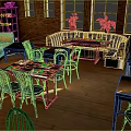 Cozy Café Interior With Brick Walls Large Windows Wooden Tables Black Chairs And Potted Plants