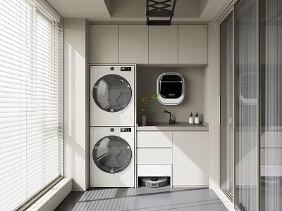 Modern Laundry Room Interior with Stacked Washer Dryer White Cabinets and Window Blinds 3d model