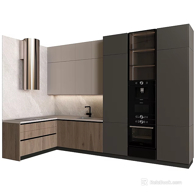 Modern Kitchen Interior Featuring Gray And Wooden Cabinets Sleek Countertop Built in Appliances 3d model 