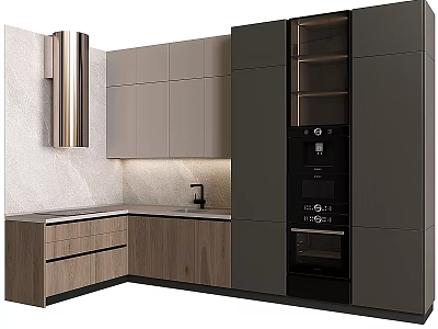 Modern Kitchen Interior Featuring Gray And Wooden Cabinets Sleek Countertop Built in Appliances 3d model
