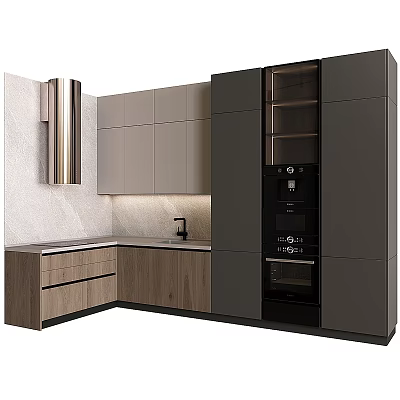 Modern Kitchen Interior Featuring Gray And Wooden Cabinets Sleek Countertop Built in Appliances 3d model