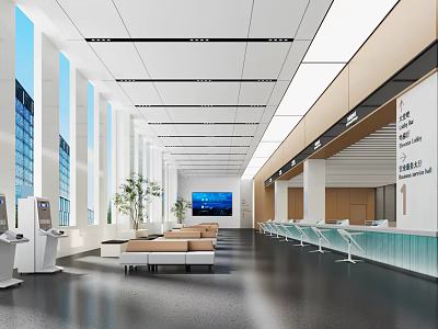 Modern Administrative Service Hall with Spacious Waiting Area Service Counters and Digital Screens 3d model