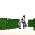 Path Between Lush Green Bushes With Mother And Child Walking Under Sunset Sky Reflections