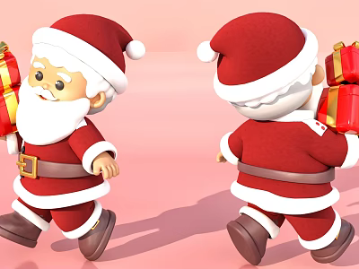 Santa Claus Sculpture Wearing Red Hats In Red Suits Holding Gift Boxes With Pink Background 3d model