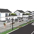 Chinese Style Houses With White Exteriors Black Roofs Neatly Arranged Along Street With Pedestrians And Car