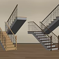 Modern Interior Staircase With Wooden Steps Dark Handrail And Metal Balusters