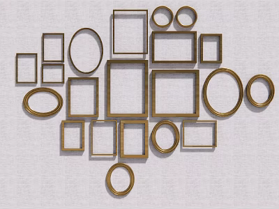 Gold Circular And Square Frames Wall Decor Arrangement On Light Wall 3d model