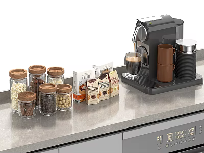 Modern Kitchen Appliance Setup With Coffee Machine Jars Coffee Cups And Packaged Products On Countertop 3d model