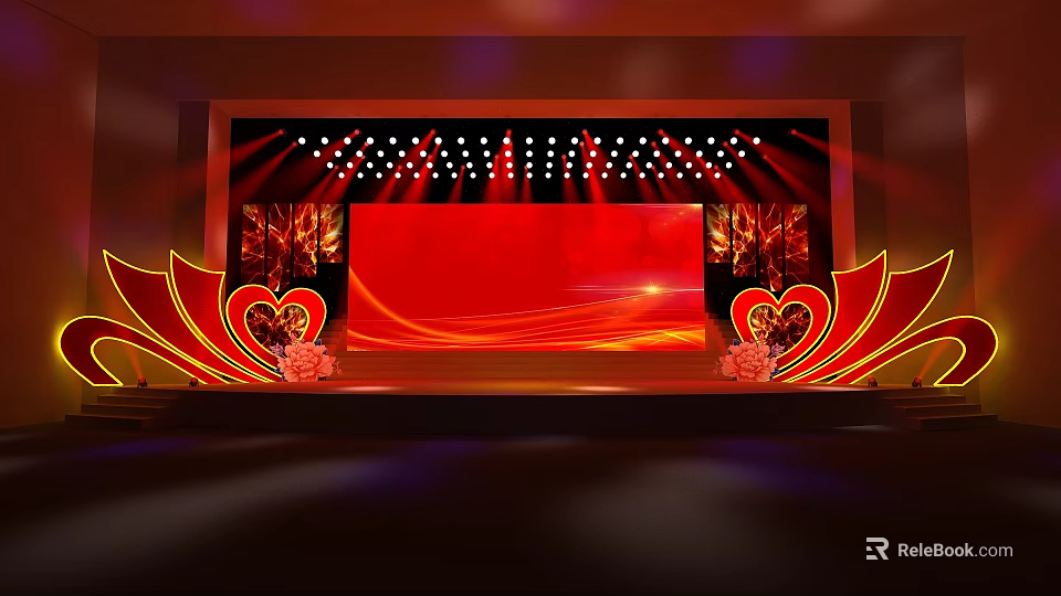 Stage with red background and heart-shaped side decorations and lighting effects 3d model