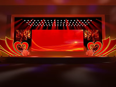 Stage with red background and heart-shaped side decorations and lighting effects 3d model