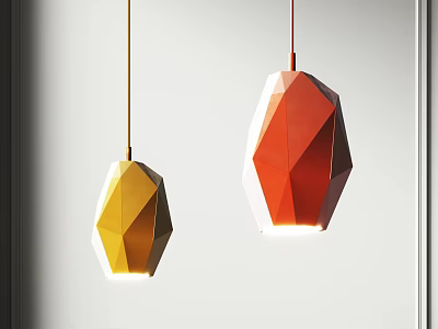 Modern Yellow and Orange Geometric Pendant Lights Hanging on White Background 3d model