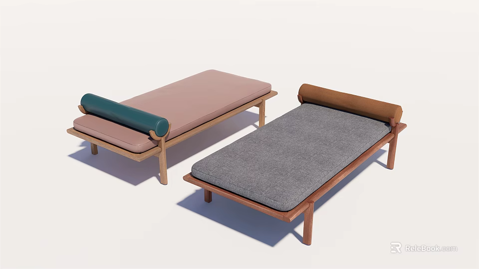 Modern Footstools With Wooden Frame Pink Gray Cushions And Green Brown Rolled Pillows 3d model 