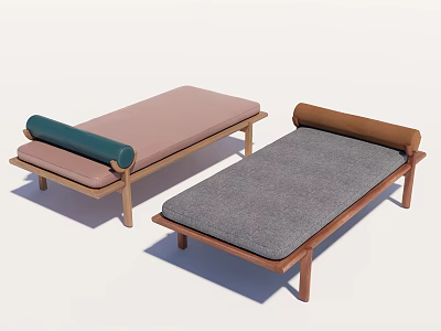 Modern Footstools With Wooden Frame Pink Gray Cushions And Green Brown Rolled Pillows 3d model