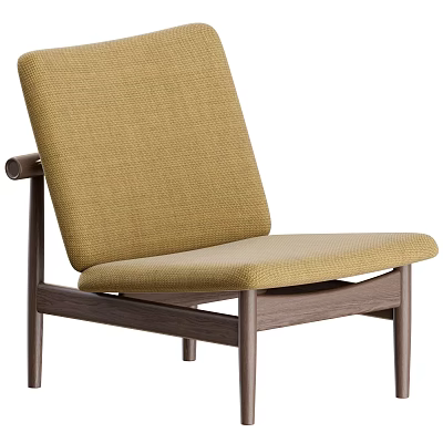Modern Minimalist Beige Fabric Leisure Chair With Dark Wooden Frame And Sloped Backrest 3d model