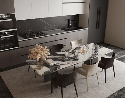 Elegant Modern Kitchen Interior Dining Table With Marble Top And Chairs 3d model