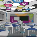 School Science Technology Classroom With Colorful Hexagonal Ceiling Science Icons Blue White Tables Chairs 3d model