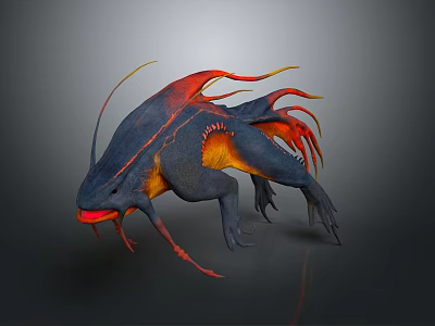 Fantasy Game Creature Character with Blue Red Orange Body Long Tentacles and Fins 3d model