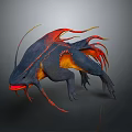Fantasy Game Creature Character with Blue Red Orange Body Long Tentacles and Fins