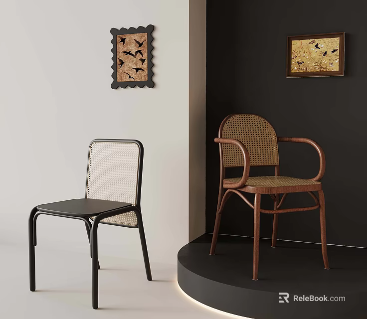 Vintage Rattan Chairs With Decorative Wall Art In Modern Interior Space 3d model 