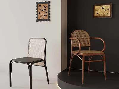 Vintage Rattan Chairs With Decorative Wall Art In Modern Interior Space 3d model