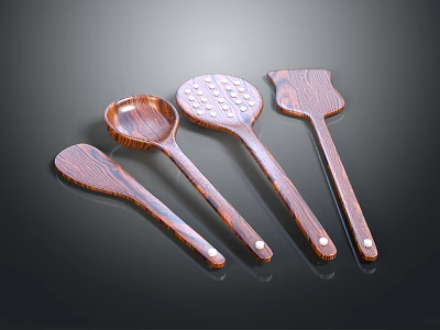 Wooden Cooking Utensils Set Featuring Four Different Shapes And Natural Wood Grain 3d model