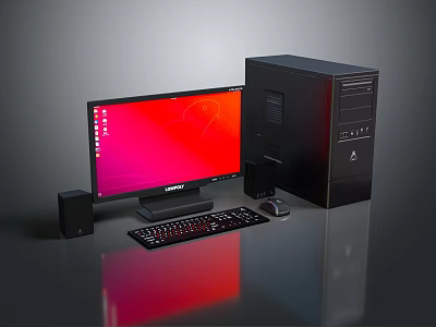 Black Desktop Computer Setup With Monitor Keyboard Mouse Speakers And Red Screen 3d model