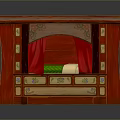 Traditional Red Decorative Furniture With Carved Patterns Green Cushion And Red Curtains