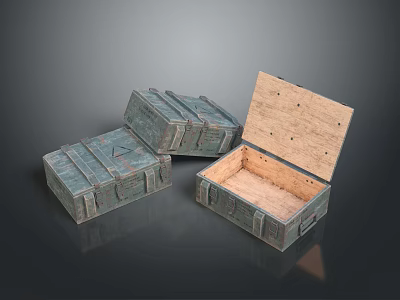 Vintage Wooden Storage Boxes With Metal Straps Rivets And Open Top Design 3d model