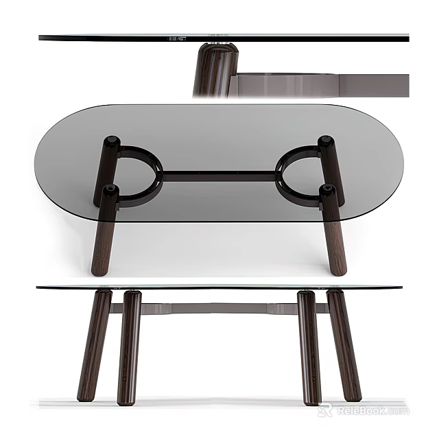 Modern Oval Glass Top Dining Table With Wooden Crossed Legs And Minimalist Design 3d model 