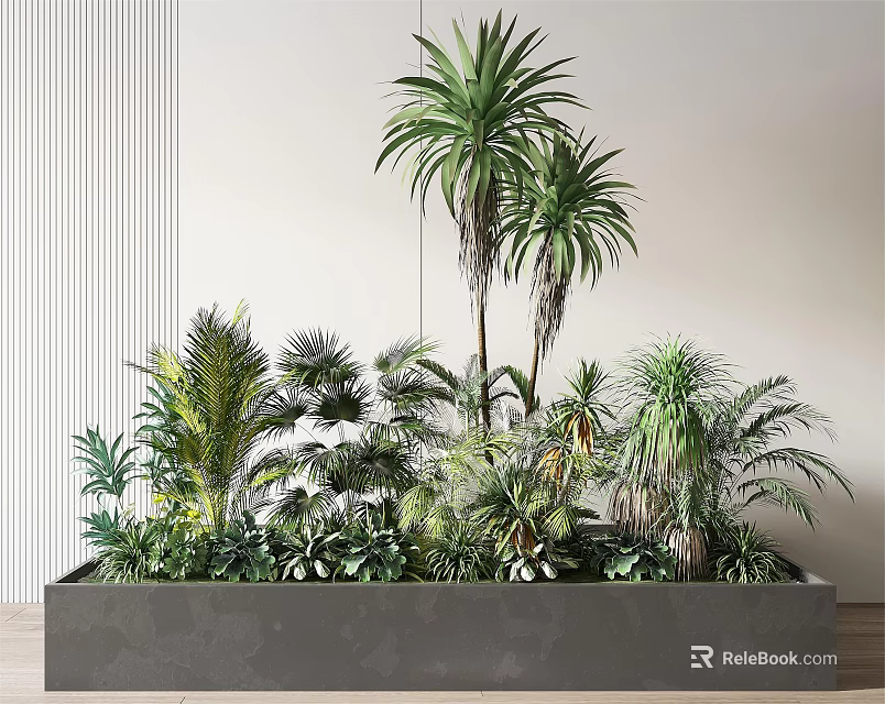Indoor Bonsai Potted Plants With Various Green Foliage In Long Concrete Planter 3d model 