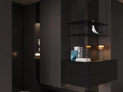 Modern Black Shoe Cabinet Interior Design With Drawers Open Shelves And Lighting 3d model