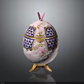 Rabbit Themed Decorative Egg Featuring Pink Ears Blue White Pattern And Golden Base 3d model