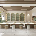 School Modern Kitchen Interior With Long Countertops Stools And White Cabinets 3d model
