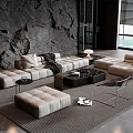 Modern Linen Sofa and Marble Coffee Table Set in Living Room with Stone Wall