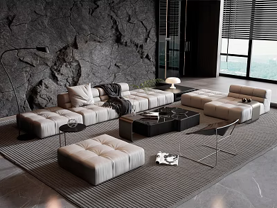 Modern Linen Sofa and Marble Coffee Table Set in Living Room with Stone Wall 3d model