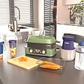 Modern Kitchen Countertop With Green Grill Chopped Carrots And Colorful Tumblers