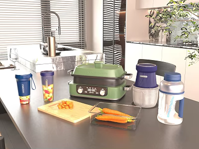Modern Kitchen Countertop With Green Grill Chopped Carrots And Colorful Tumblers 3d model