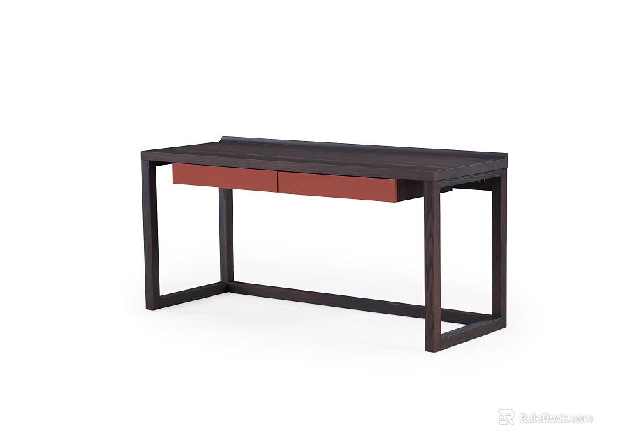 Modern Dark Wood Desk With Two Red Drawers And Simple Frame Design Structure 3d model