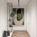 Abstract Painting In Modern Corridor With Green Plant And White Wall Interior Decor