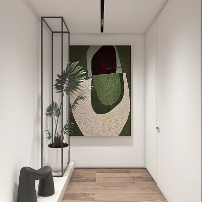 Abstract Painting In Modern Corridor With Green Plant And White Wall Interior Decor 3d model