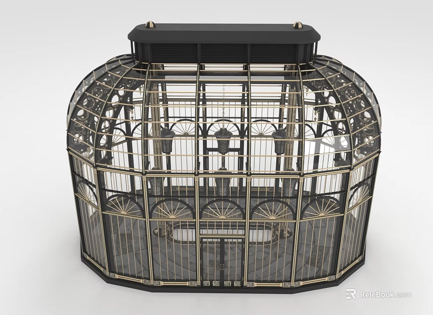 Decorative Metal Birdcage Structure With Intricate Ironwork Design And Black Top 3d model 